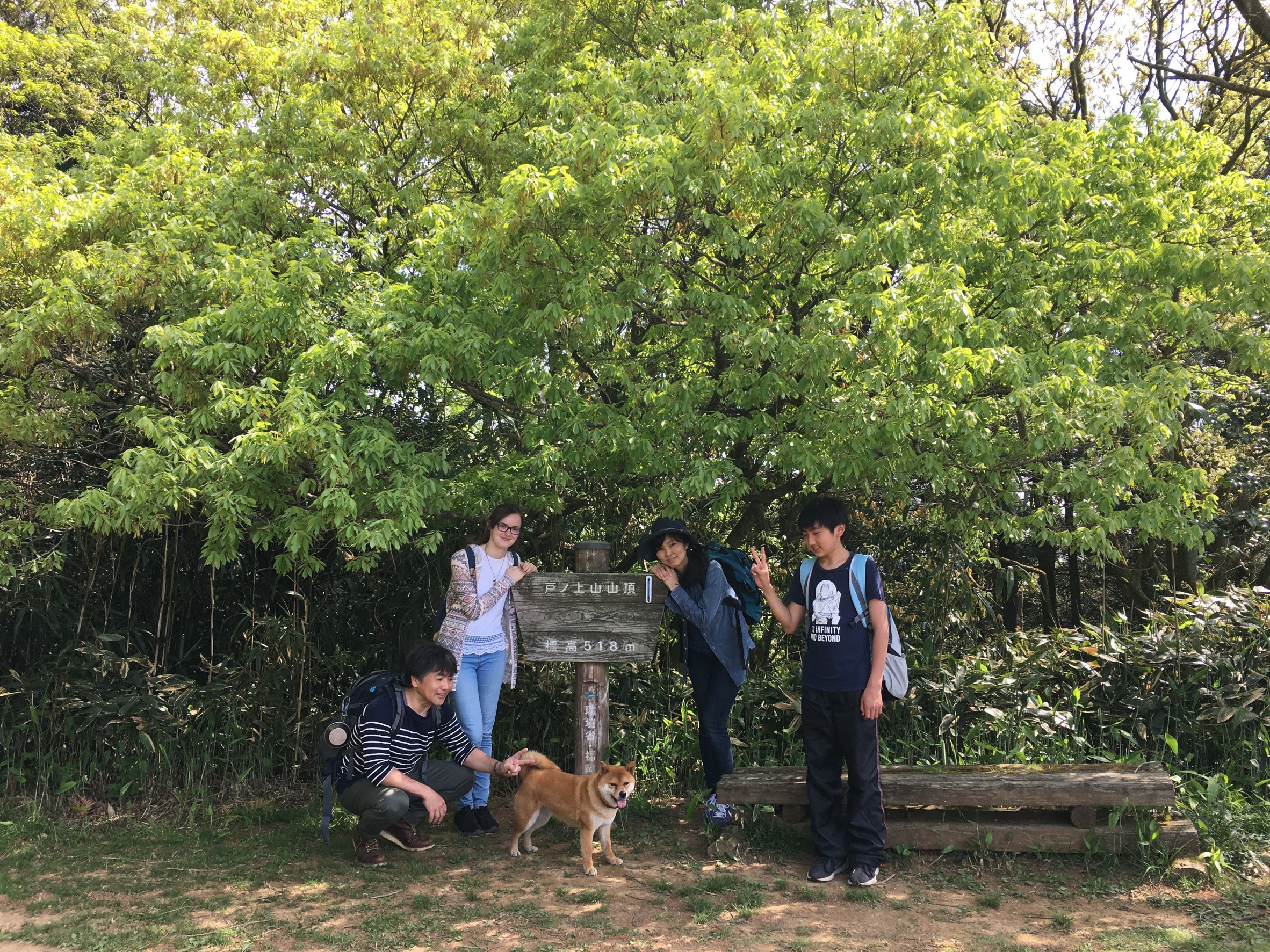 Familie unter einem Baum mit Chiba ins Hund